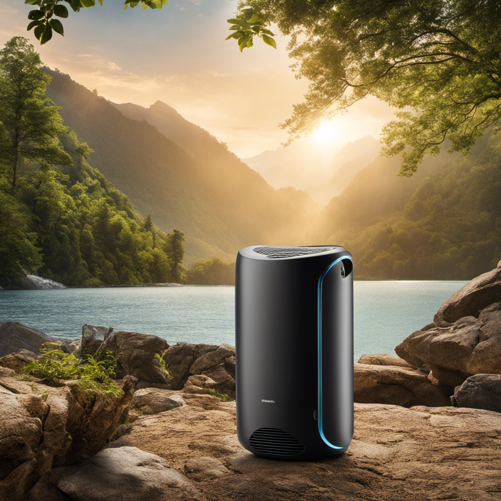 An image showcasing a traveler with respiratory conditions using a portable air purifier equipped with advanced filtration technologies