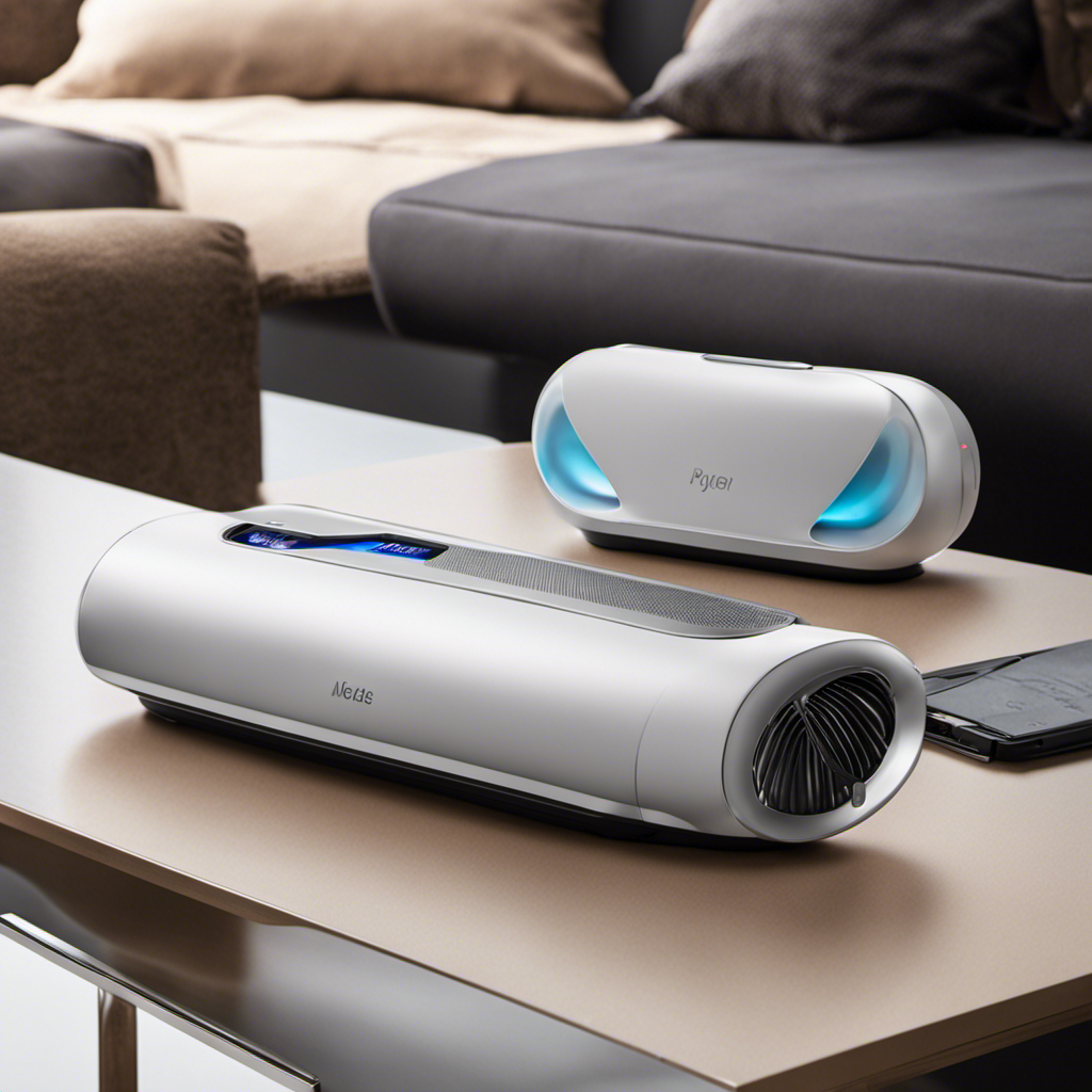 An image showcasing a diverse range of sleek and compact portable air purifiers designed for travelers
