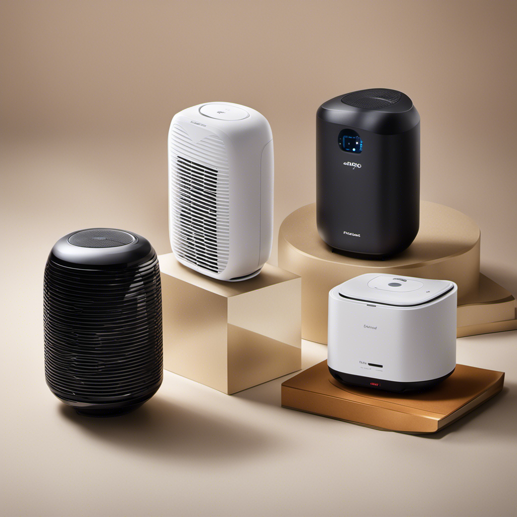 An image showcasing a variety of portable air purifiers for travelers, featuring factors to consider such as size, filtration system, battery life, noise level, and weight