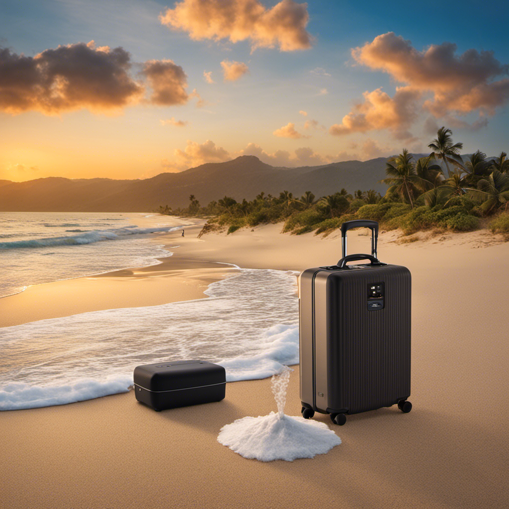 An image showcasing a traveler on a sandy beach, delicately wiping the filters of their portable air purifier with a soft cloth, surrounded by a picturesque sunset and a small open suitcase filled with cleaning supplies