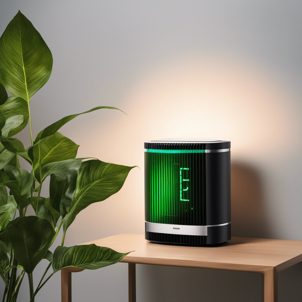 An image of a modern air purifier, surrounded by a glowing green leaf symbolizing energy efficiency