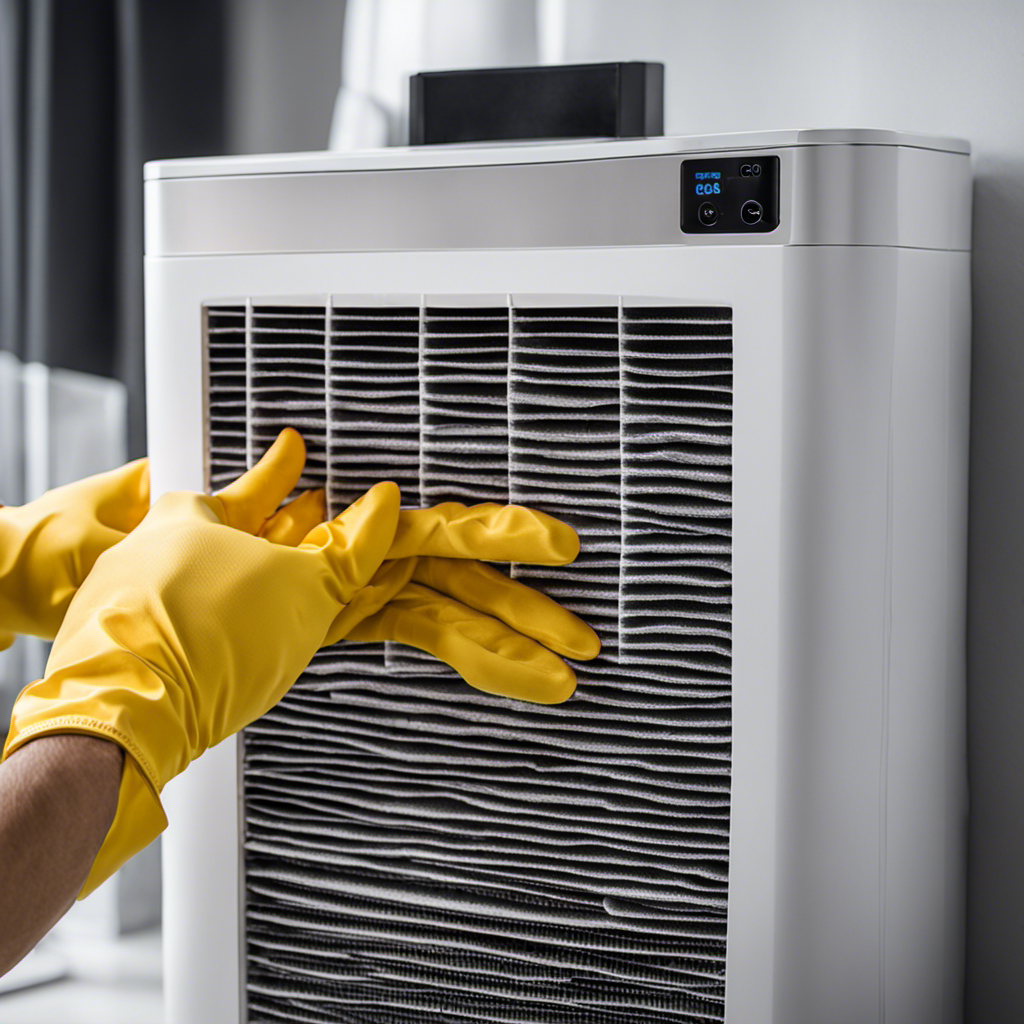 An image showcasing a person wearing gloves, gently removing a dirty air filter from an air purifier
