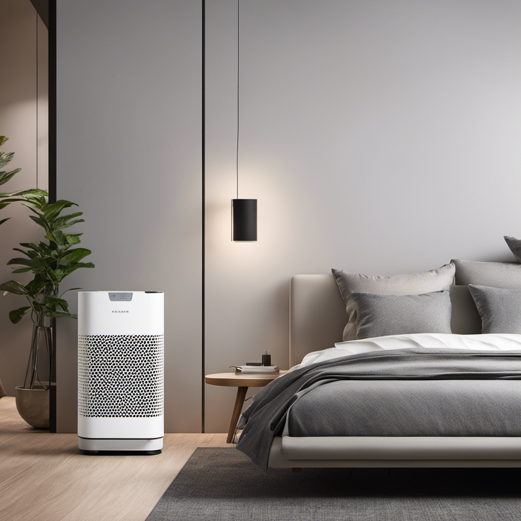 An image showcasing a sleek, modern air purifier placed in a serene bedroom setting
