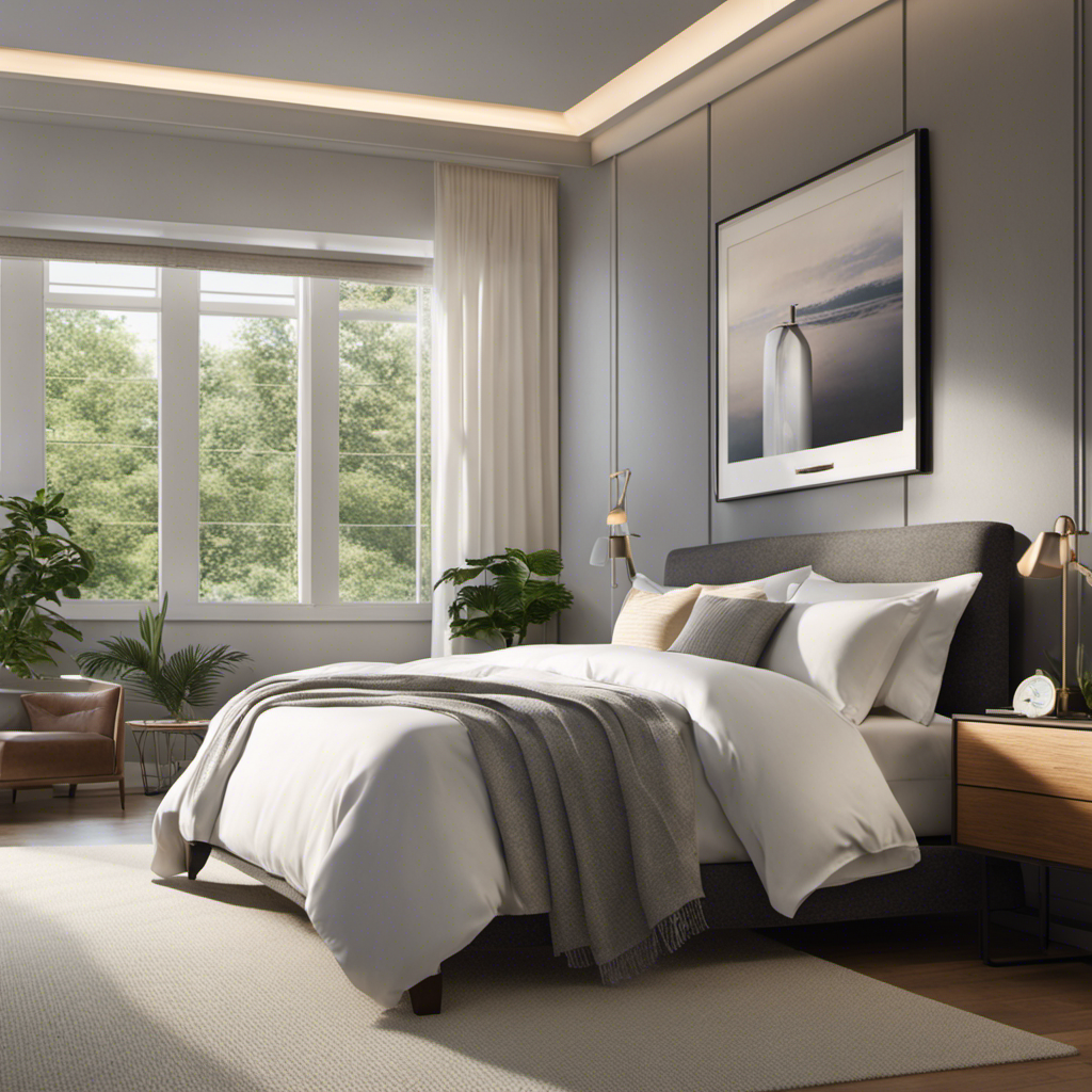 An image showcasing a serene bedroom scene with an air purifier placed near a bed, surrounded by clean, fresh air