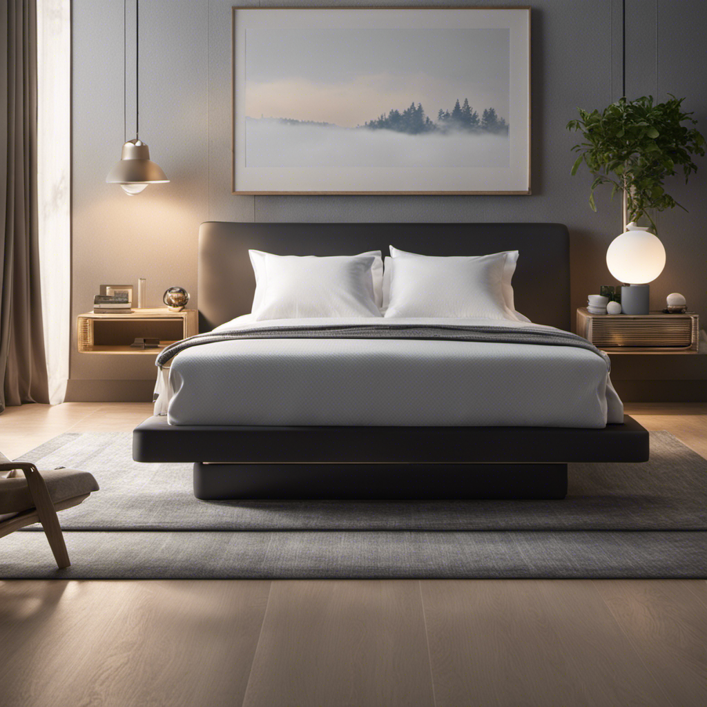 An image of a serene bedroom with an air purifier positioned near a bed, softly purifying the air