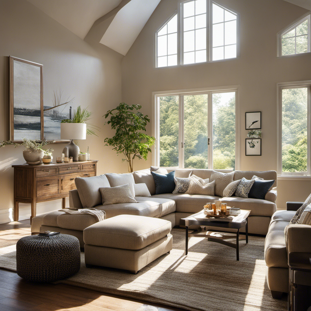 An image showcasing a serene living room with rays of sunlight streaming through clean, pollutant-free air