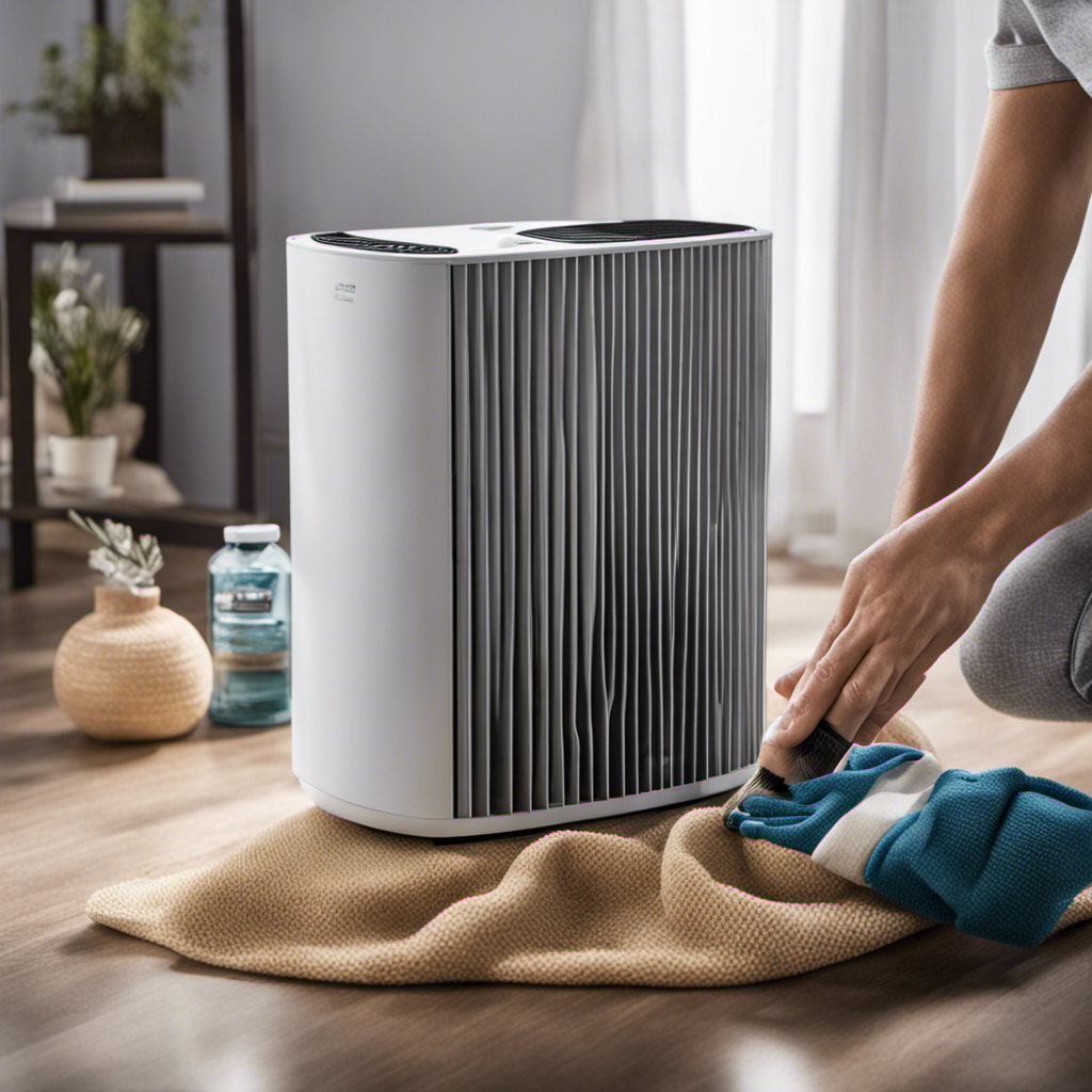 An image showcasing a pair of hands carefully cleaning the filters of an energy-efficient air purifier, surrounded by various cleaning tools such as a brush, cloth, and vacuum, emphasizing the importance of maintenance