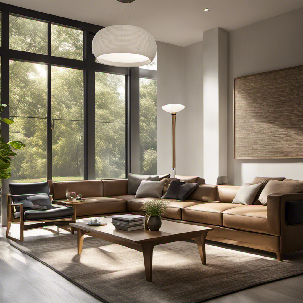 An image of a serene living room with rays of sunlight streaming through spotless windows, showcasing an energy-efficient air purifier silently eliminating allergens