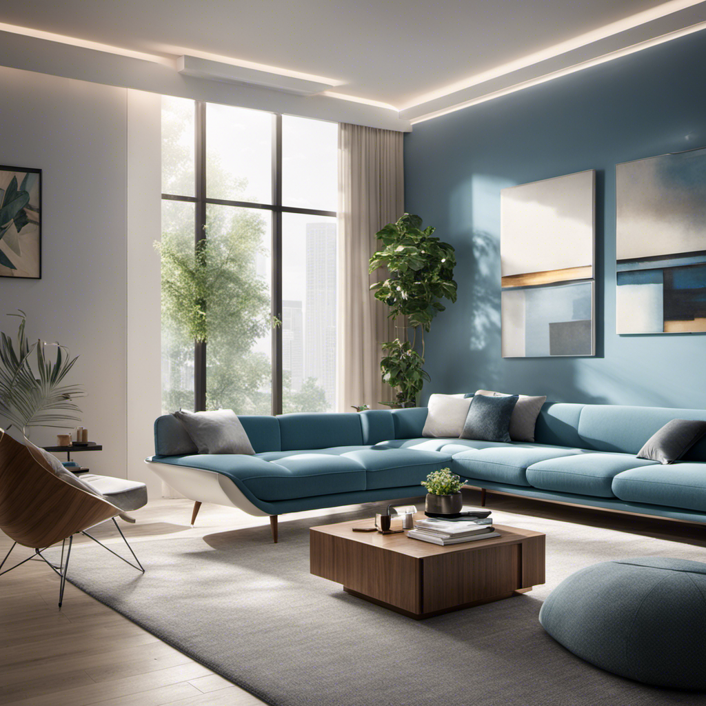 An image showcasing a sleek, modern living room environment with sunlight streaming in, where a cutting-edge air purifier stands prominently, emitting a gentle blue light, symbolizing energy efficiency