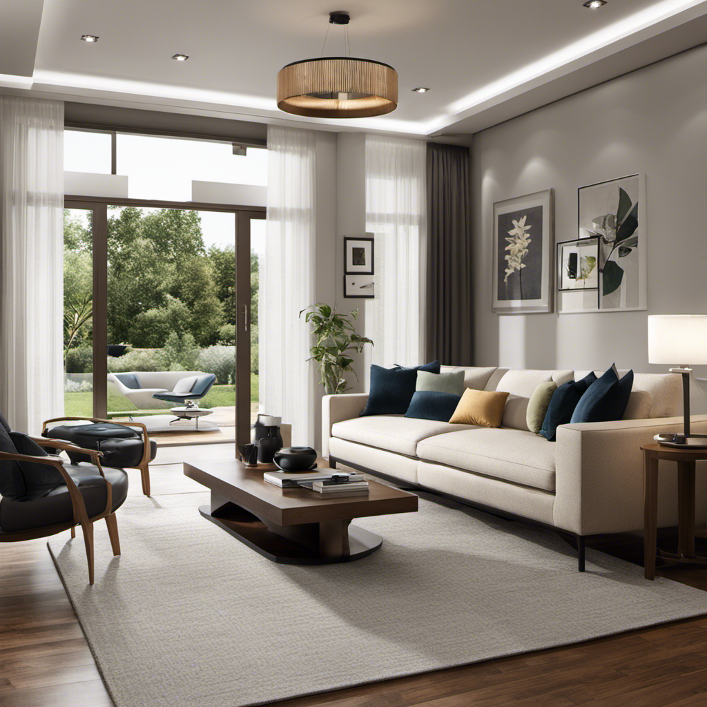 An image showcasing a spacious living room with an air purifier placed strategically, proportionate to the room's size