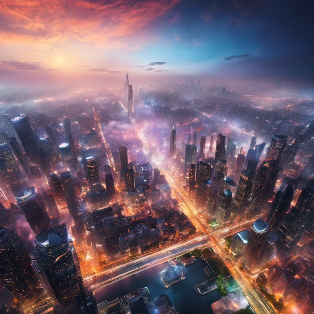 An image showcasing a bustling city skyline with vivid colors and a hazy atmosphere