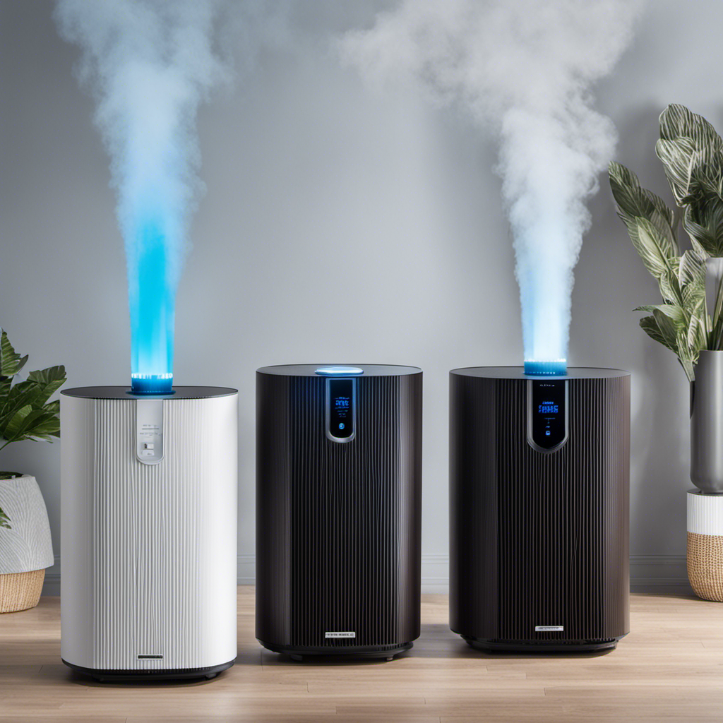 An image showcasing two contrasting air purifiers side by side: an ozone generator emitting a faint blue glow, surrounded by hazy particles, and a true HEPA purifier with a dense filter capturing airborne contaminants, while emitting clean, fresh air