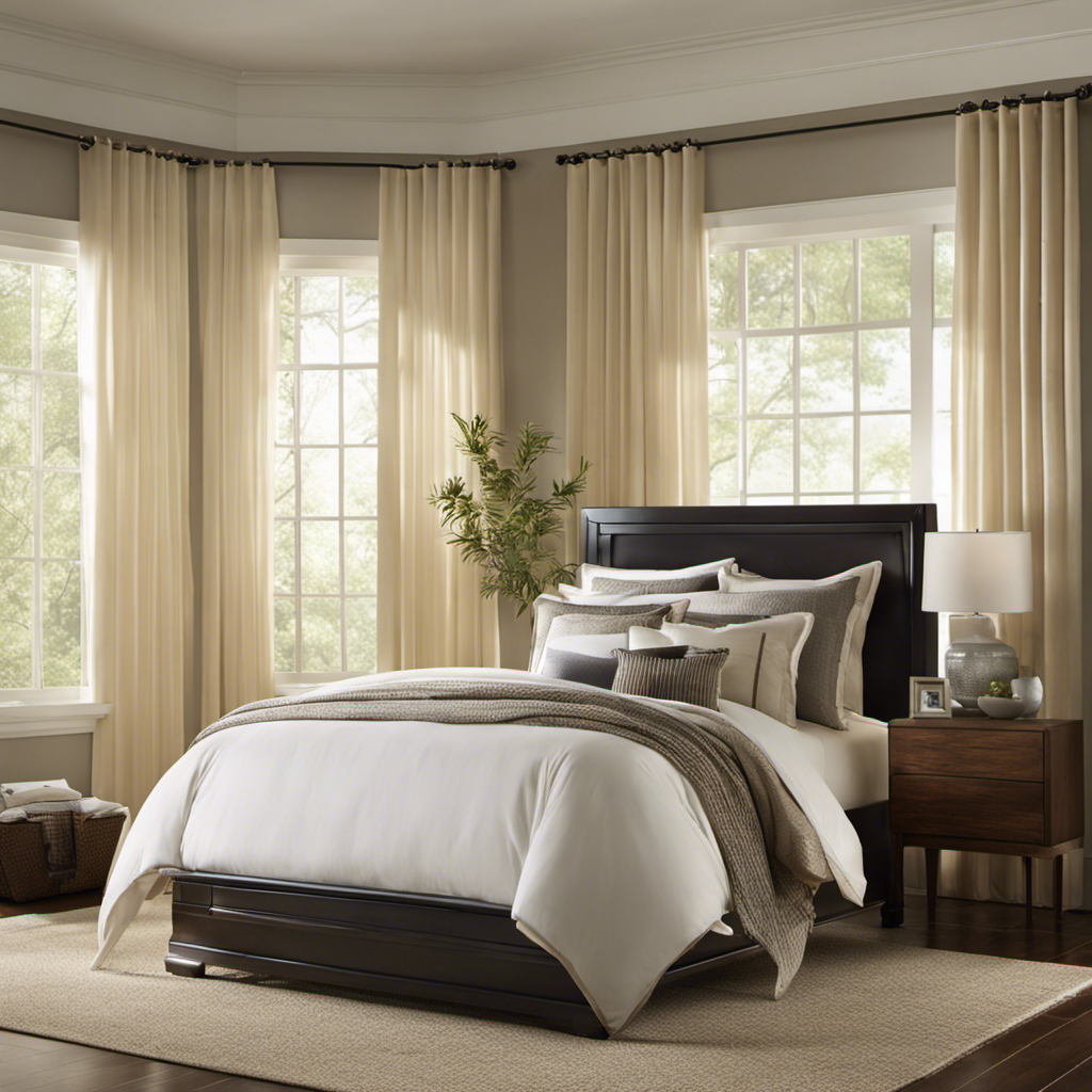 An image showcasing a serene bedroom with soft, filtered sunlight streaming through sheer curtains, while a state-of-the-art air purifier quietly eliminates allergens, providing a peaceful sanctuary for allergy and asthma sufferers