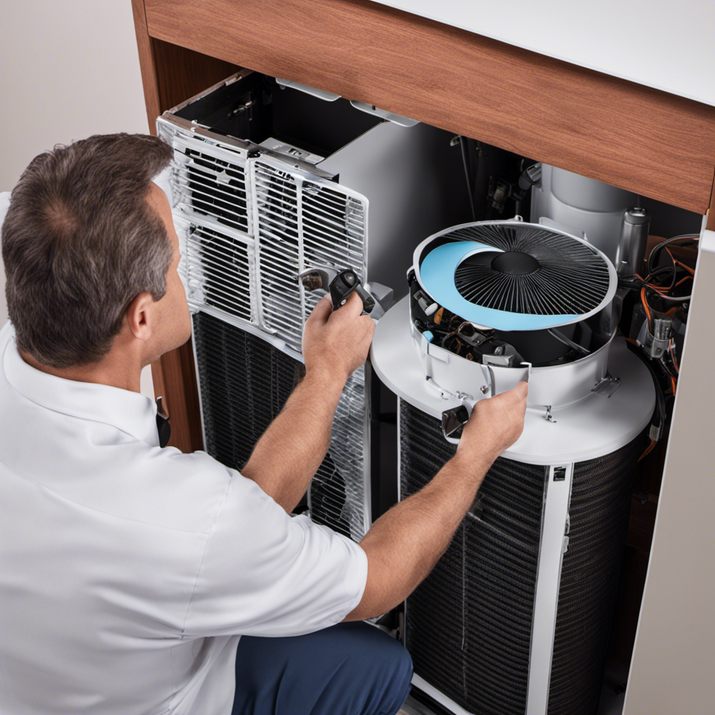 An image showcasing a broken air purifier being repaired by a technician, presenting a range of replacement parts, filters, and tools alongside, highlighting the comprehensive repair or replacement options offered by the warranty