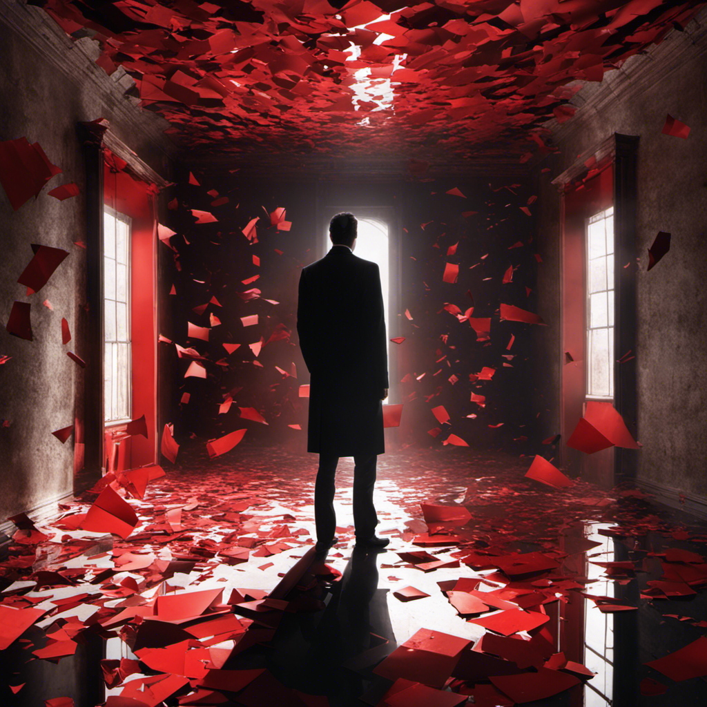 An image depicting a person standing alone in a dimly lit room, their face hidden in shadows while surrounded by shattered mirrors reflecting distressing images, symbolizing the red flags that indicate the need for professional help