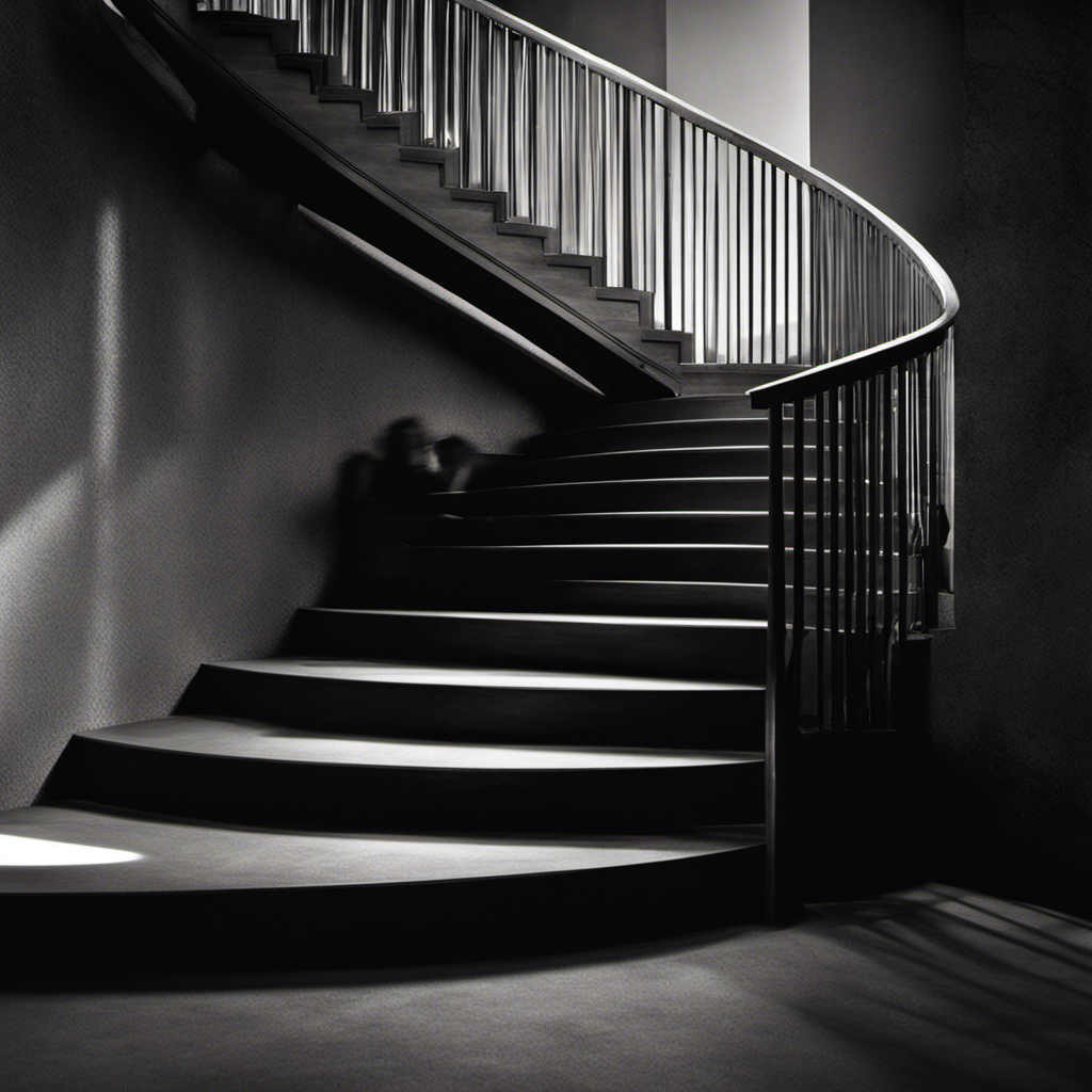 An image depicting a person sitting alone on a dimly lit staircase, their head in their hands