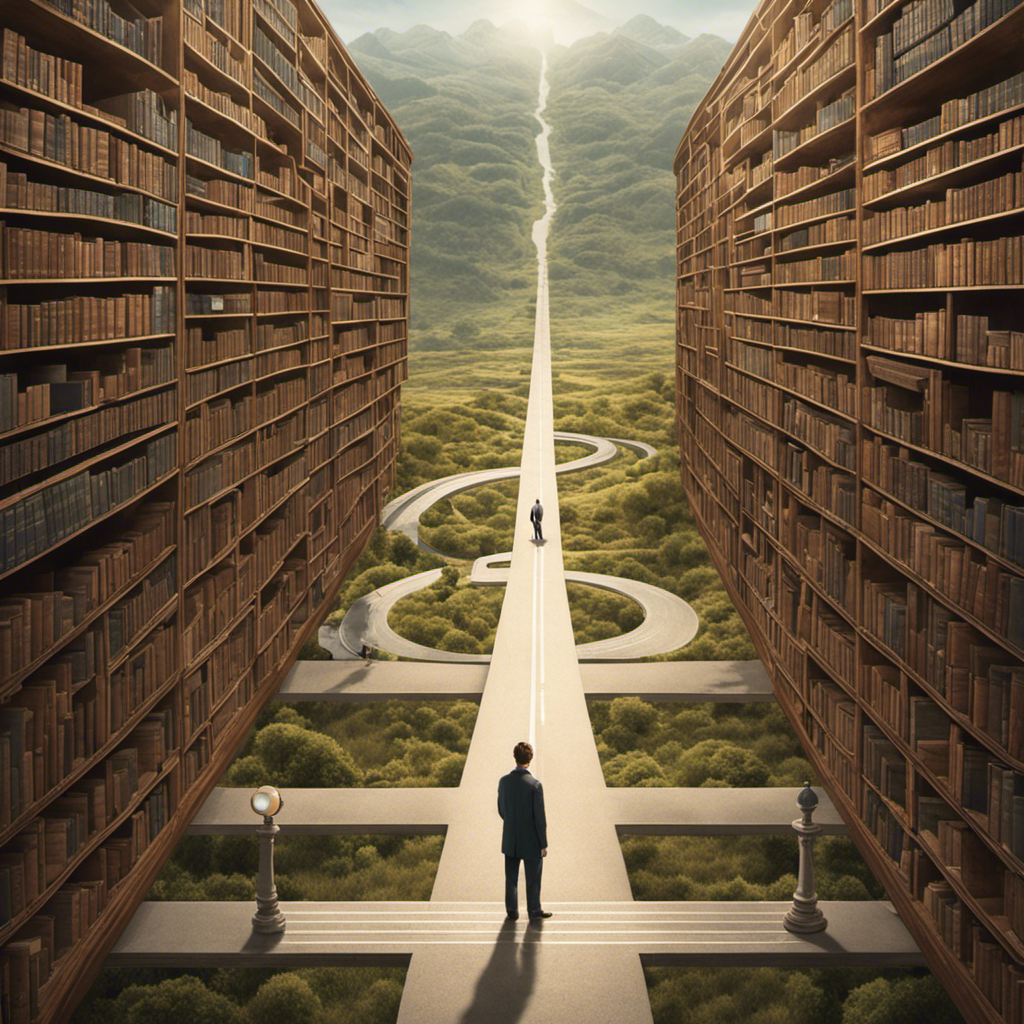 An image depicting a person standing at a crossroad, one path leading to a vast library symbolizing self-help, while the other path leads to a welcoming therapist's office, representing the realization of when self-help falls short