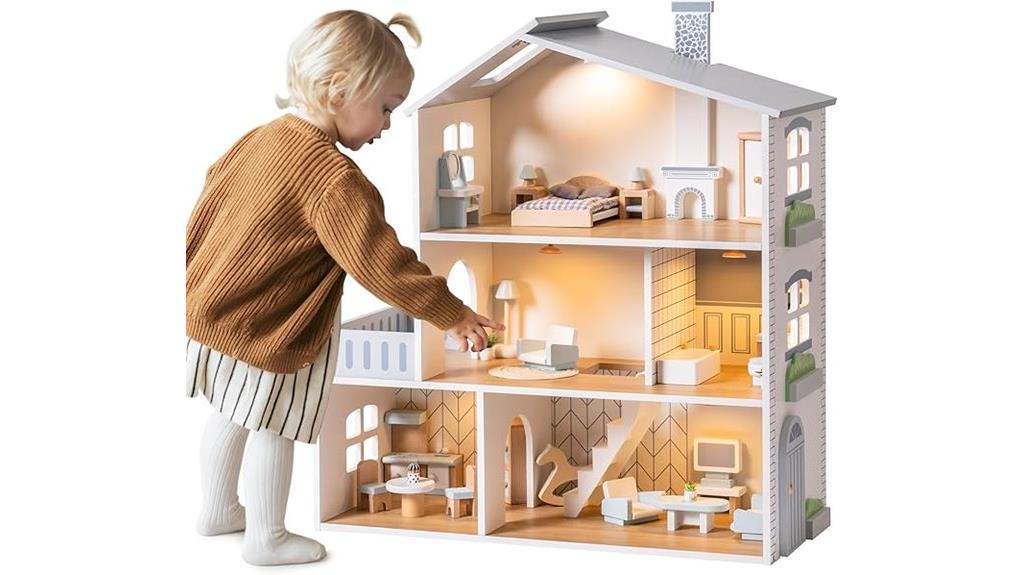 wooden dollhouse with furniture