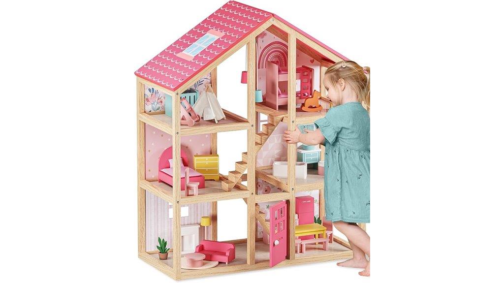 wooden dollhouse with furniture