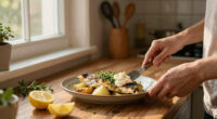 Rachel Roddy’s recipe for baked fish and potatoes with oregano and lemon mayonnaise | A kitchen in Rome