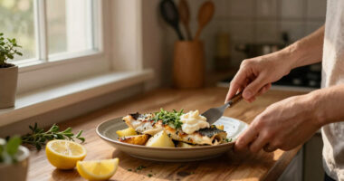 Rachel Roddy’s recipe for baked fish and potatoes with oregano and lemon mayonnaise | A kitchen in Rome